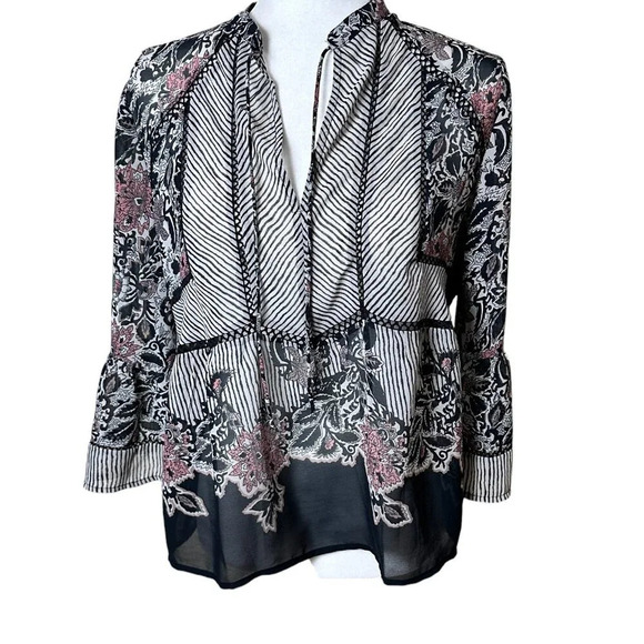 LUCKY BRAND Sheer V Neck Stripe & Floral Blouse Top Trumpet Sleeve - size Medium - Picture 1 of 10